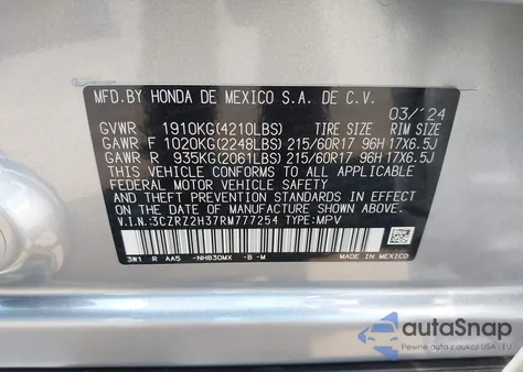 2024 Honda Hr-V Awd Lx z USA, uszkodzony, nr VIN 3CZRZ2H37RM777254